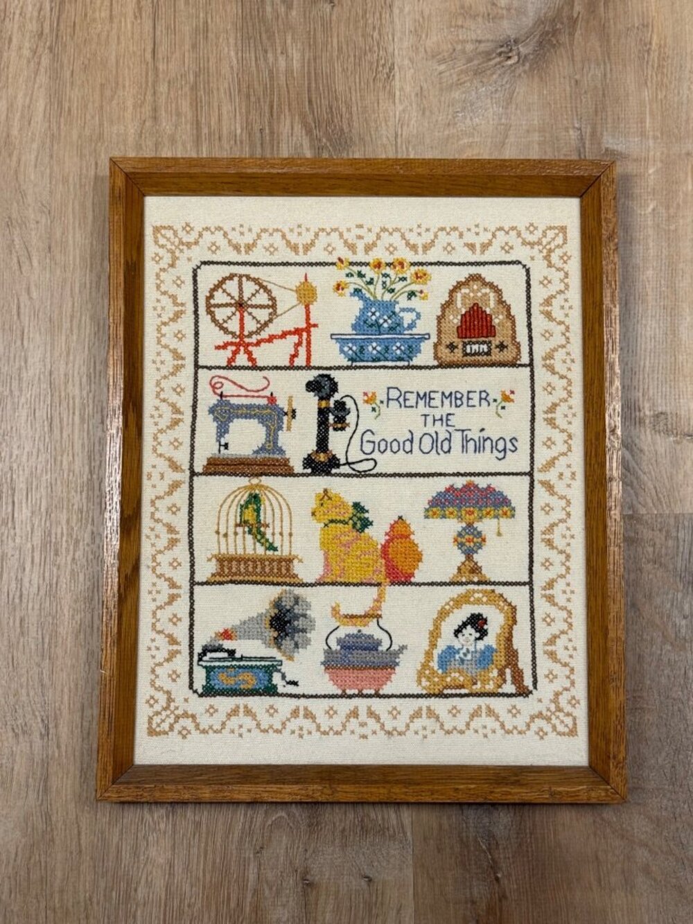 Vintage Framed Cross Stitch Sampler Remember The Good Old Things Needlepoint Wal